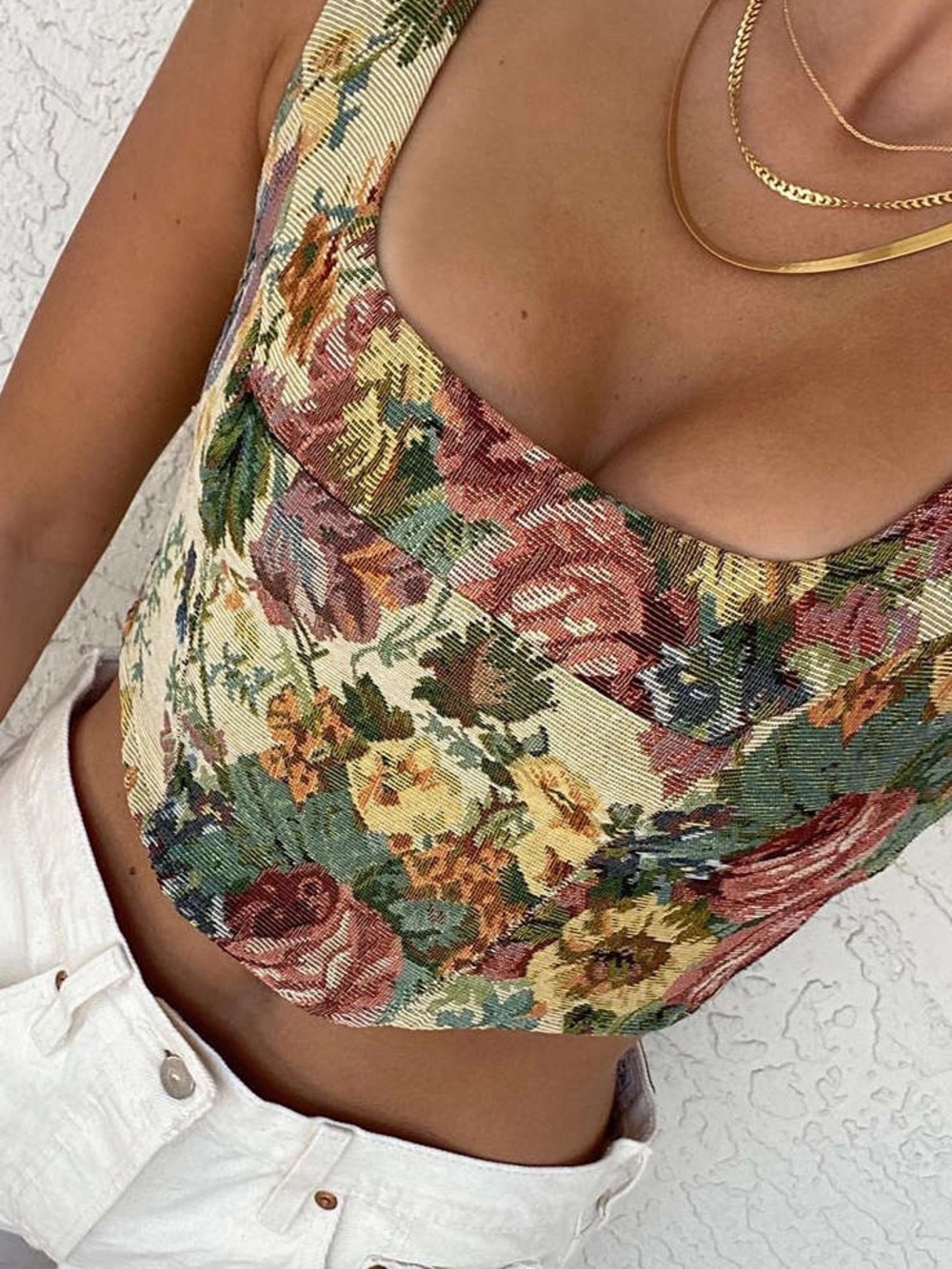 Cider Tapestry Floral Scoop Crop Top - Cream, Green, Red, Yellow